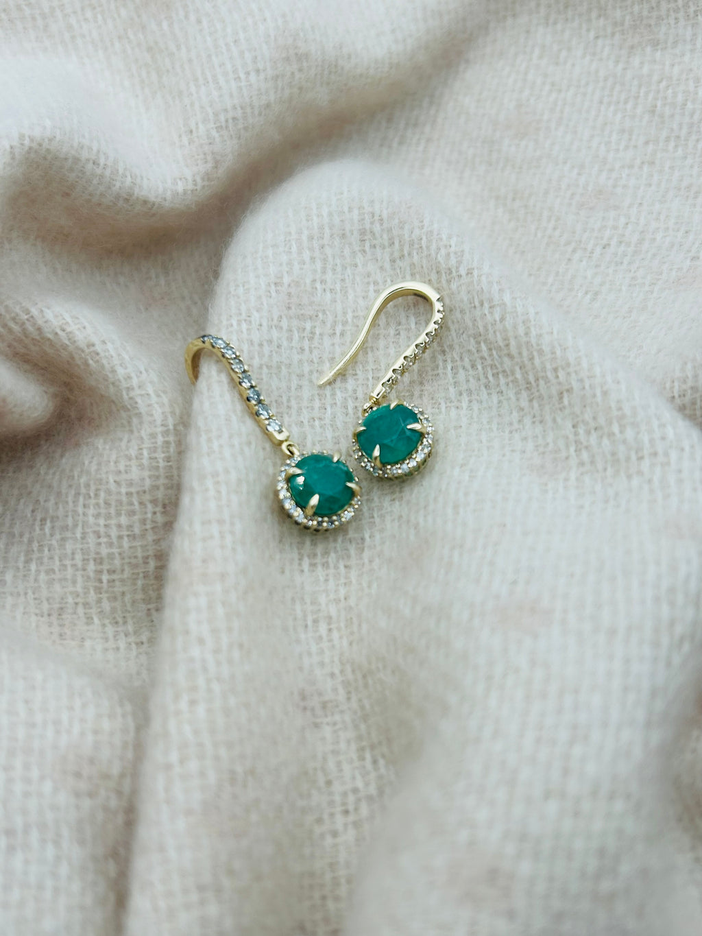 14K Emerald and Diamond Halo Drop Earrings