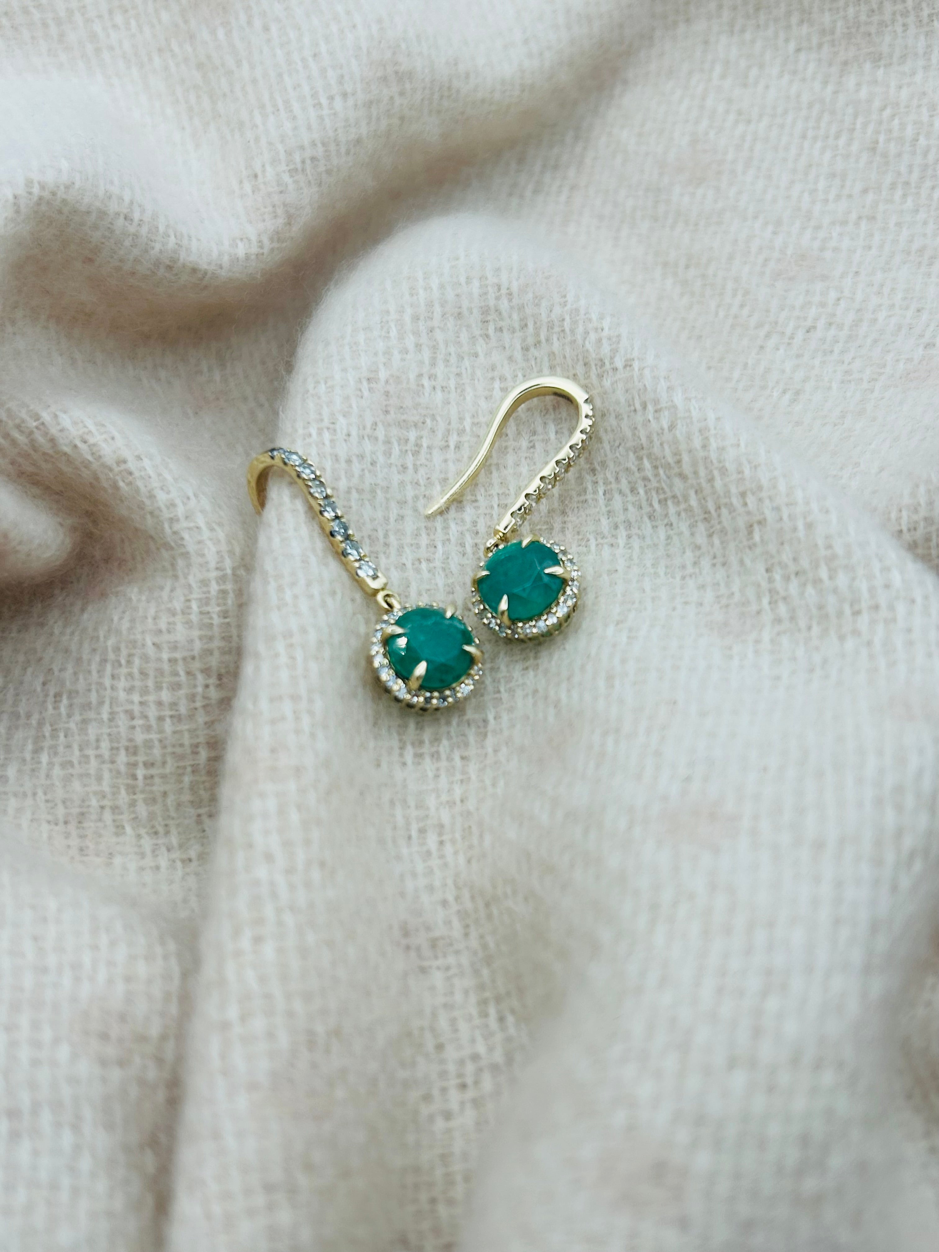 14K Emerald and Diamond Halo Drop Earrings