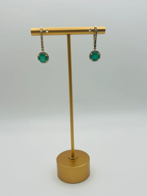 14K Emerald and Diamond Halo Drop Earrings