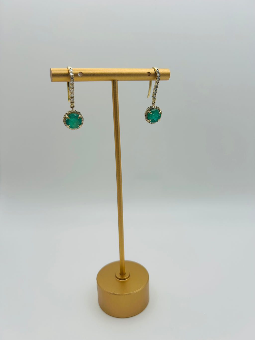 14K Emerald and Diamond Halo Drop Earrings