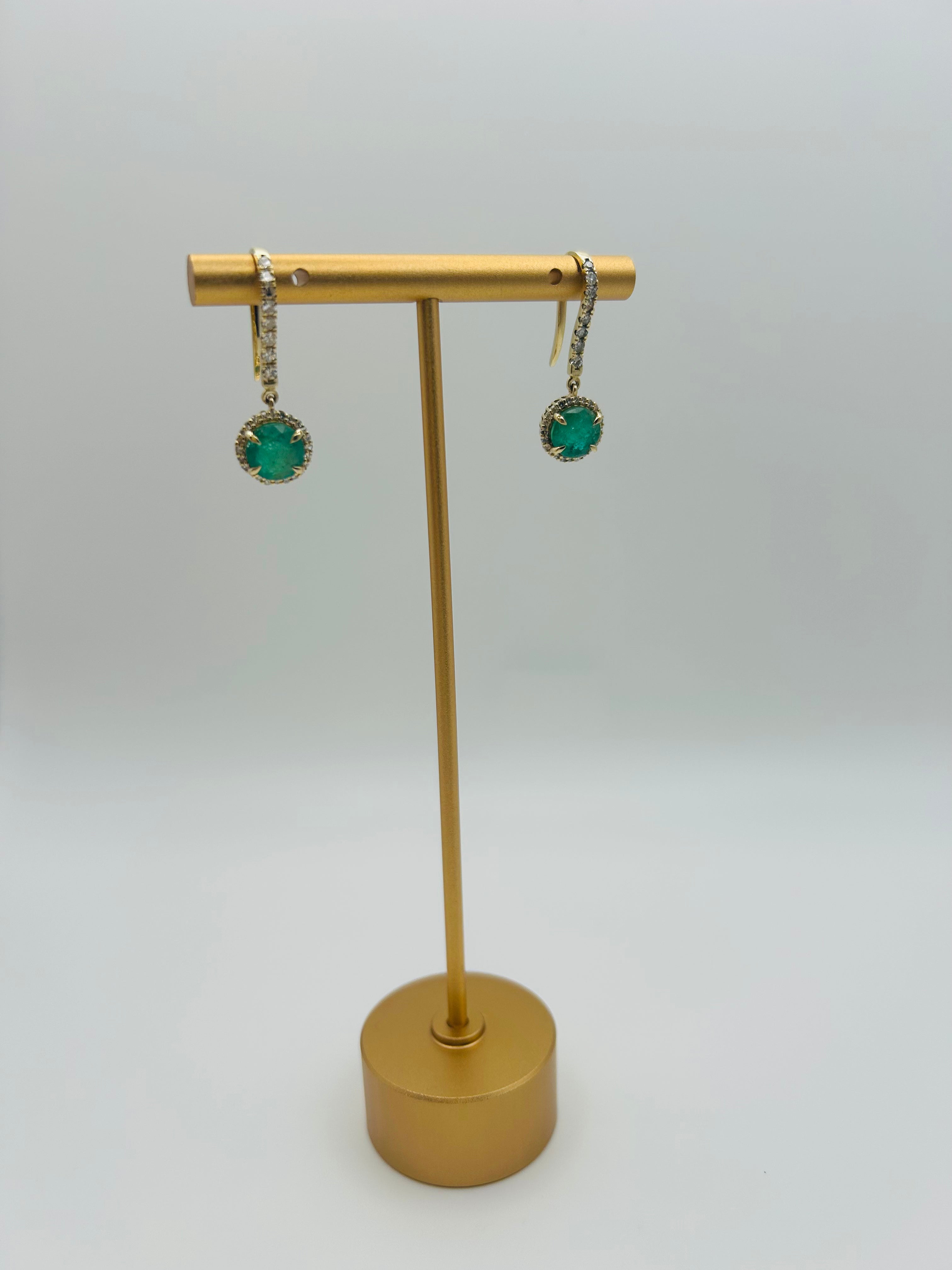 14K Emerald and Diamond Halo Drop Earrings