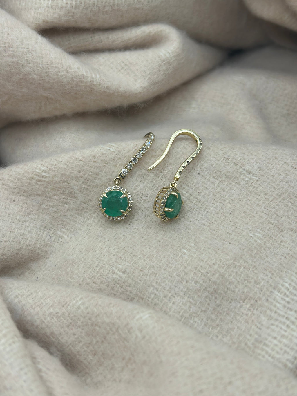 14K Emerald and Diamond Halo Drop Earrings