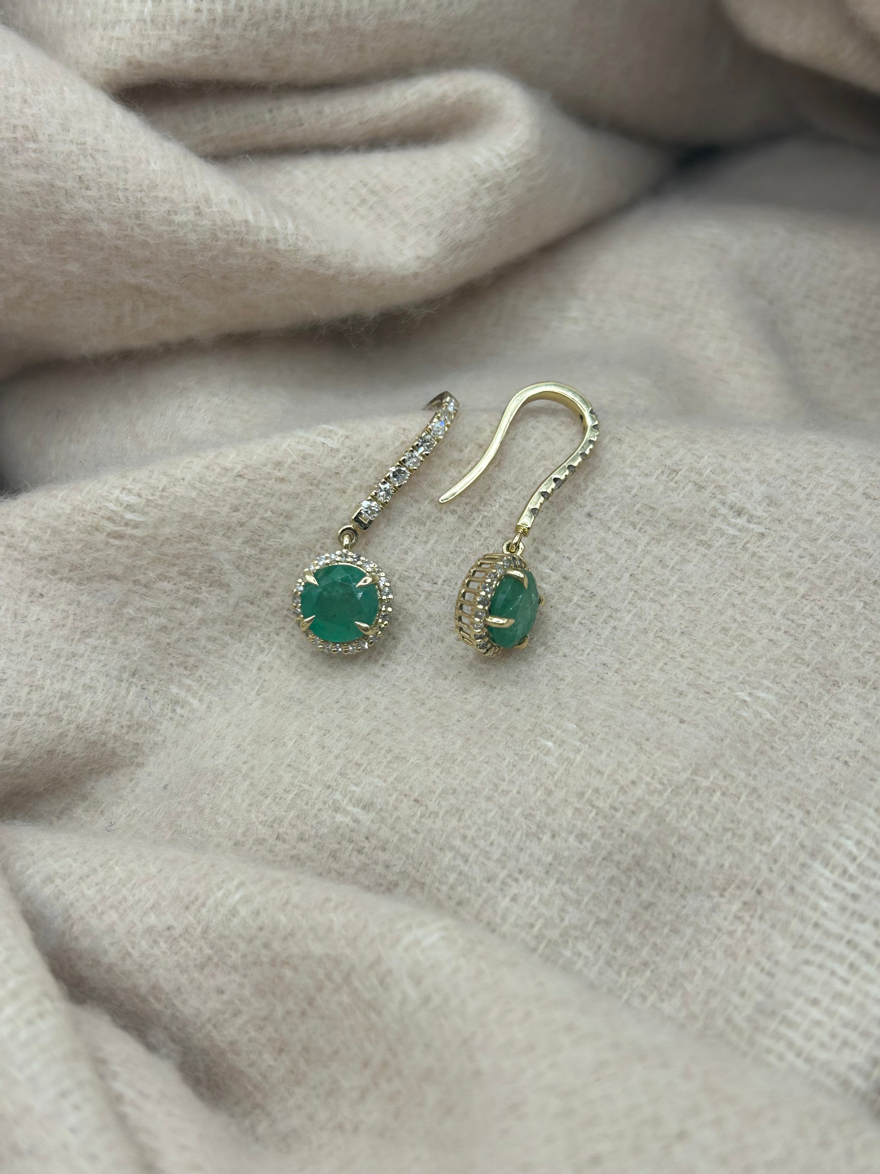14K Emerald and Diamond Halo Drop Earrings