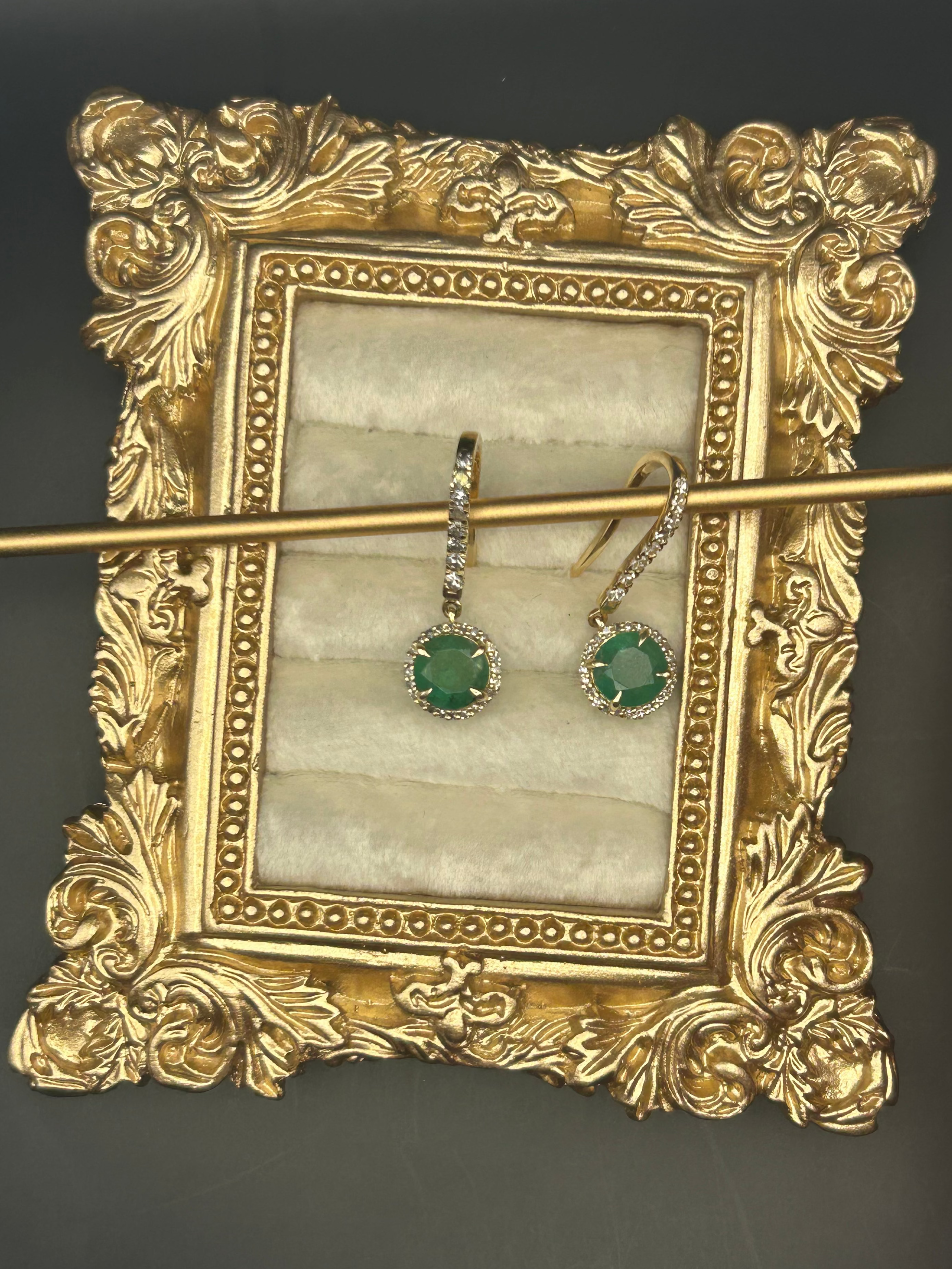 14K Emerald and Diamond Halo Drop Earrings